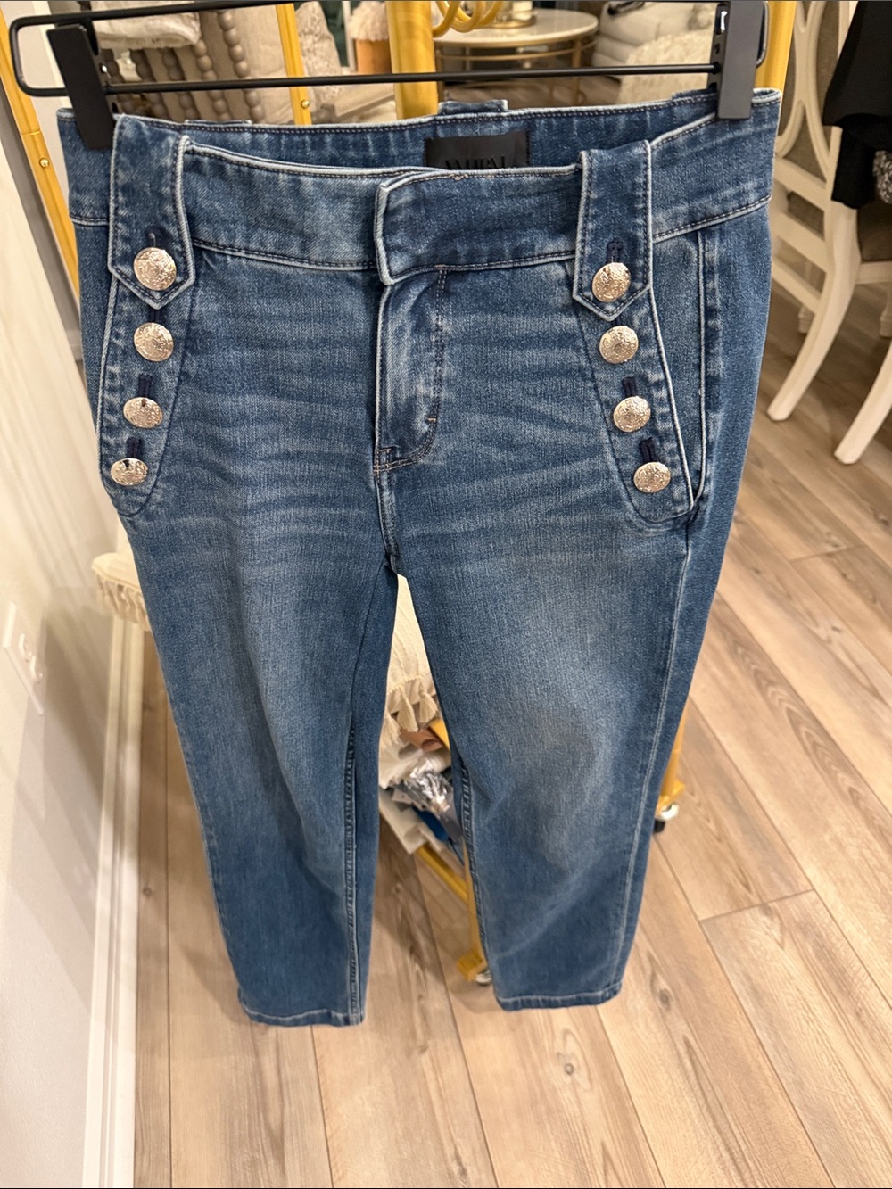 WHBM Women's High-Rise Blue Denim Jeans with Decorative Buttons